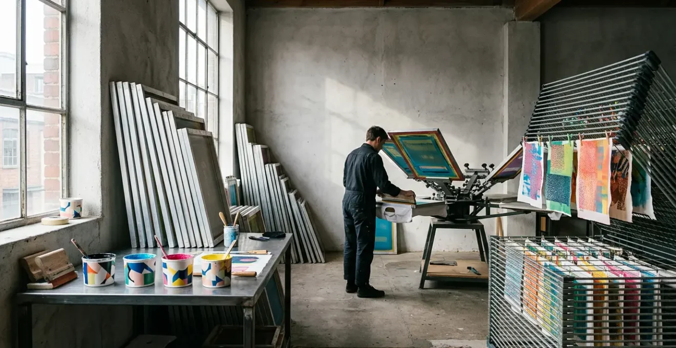 Atelier de sérigraphie avec cadres tendus et encres colorées pour impression textile professionnelle