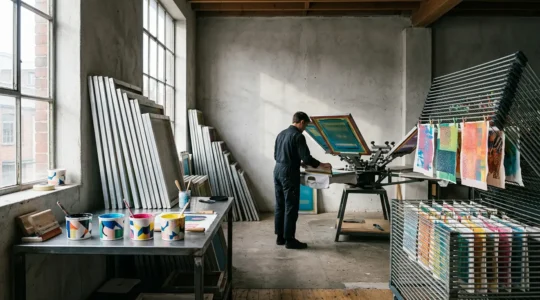 Atelier de sérigraphie avec cadres tendus et encres colorées pour impression textile professionnelle