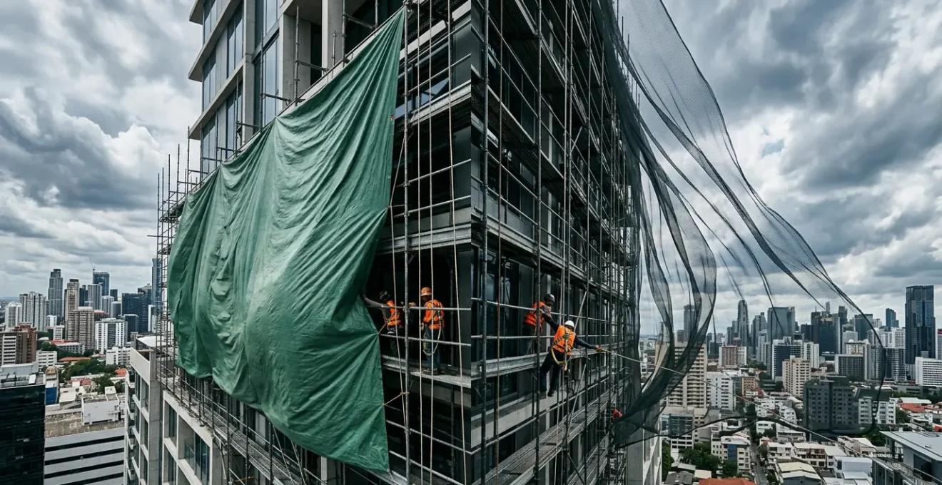 Comparaison visuelle entre bâche pleine et micro-perforée sur échafaudage exposé au vent