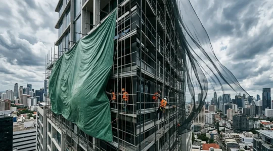 Comparaison visuelle entre bâche pleine et micro-perforée sur échafaudage exposé au vent