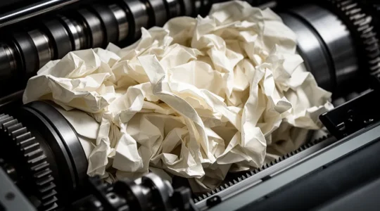 Vue macro d'un bourrage papier dans une imprimante professionnelle avec des feuilles froissées