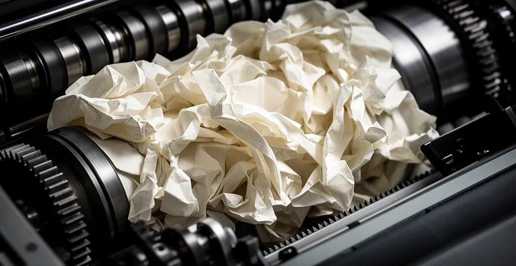 Vue macro d'un bourrage papier dans une imprimante professionnelle avec des feuilles froissées