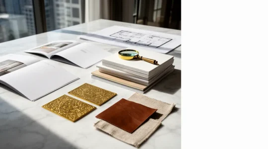 Composition éditoriale minimaliste mettant en scène des matériaux luxueux et des échantillons de papier haut de gamme