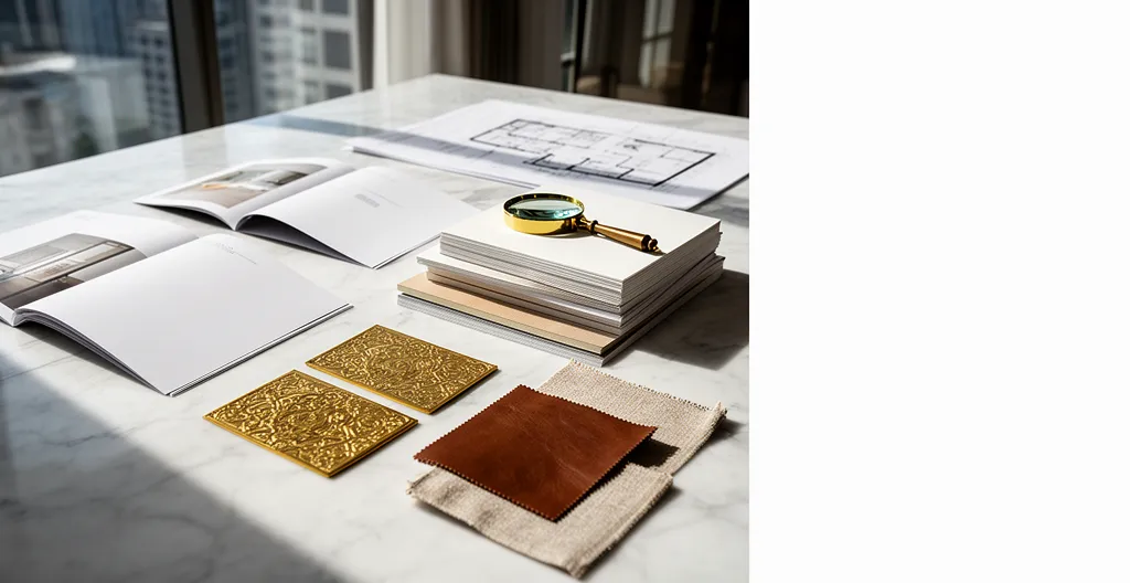 Composition éditoriale minimaliste mettant en scène des matériaux luxueux et des échantillons de papier haut de gamme