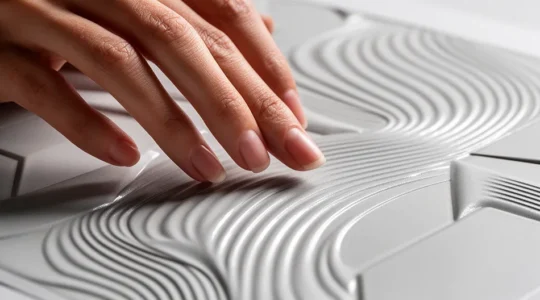 Main explorant les reliefs tactiles d'une brochure avec finition vernis 3D sélectif