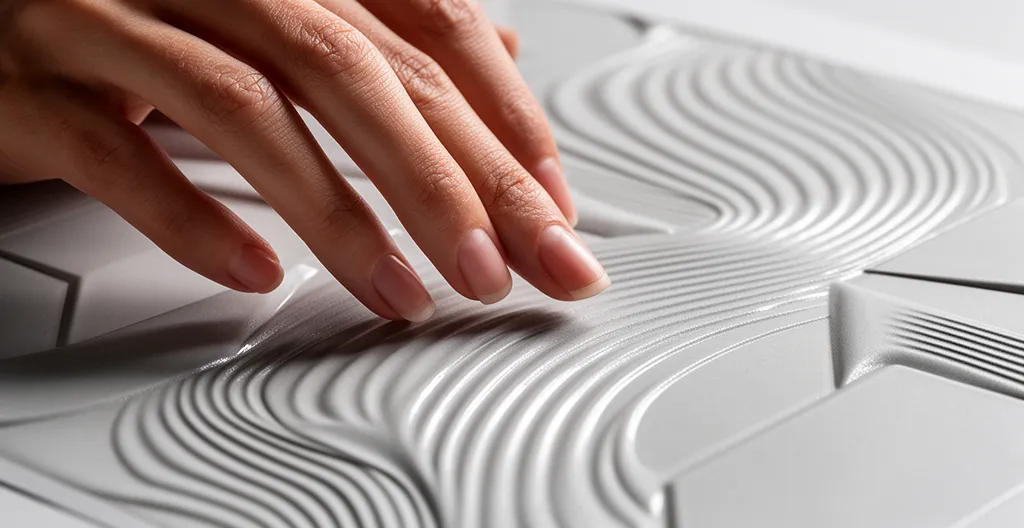 Main explorant les reliefs tactiles d'une brochure avec finition vernis 3D sélectif