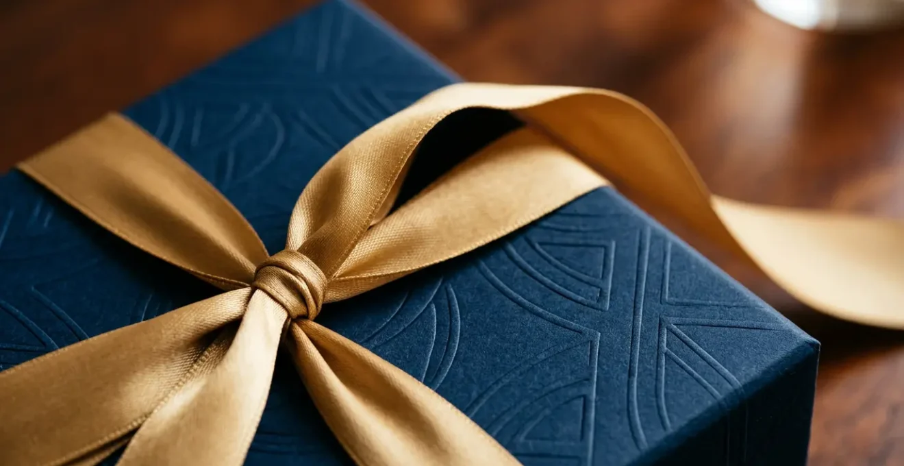 Coffret cadeau d'entreprise élégant avec papier d'emballage soyeux et ruban doré en gros plan