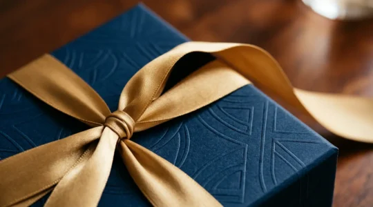 Coffret cadeau d'entreprise élégant avec papier d'emballage soyeux et ruban doré en gros plan