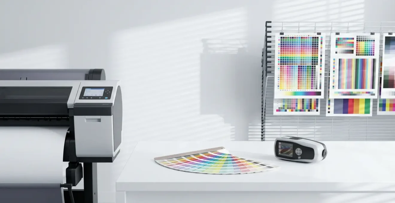 Environnement de calibrage d'imprimante professionnelle avec outils de mesure colorimétrique