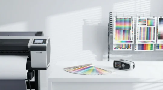 Environnement de calibrage d'imprimante professionnelle avec outils de mesure colorimétrique