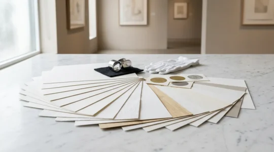 Comparaison d'échantillons de papiers fine art et certifications pour vente en galerie