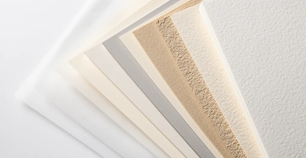 Éventail d'échantillons de papiers de différents grammages disposés en dégradé, du plus fin au plus épais