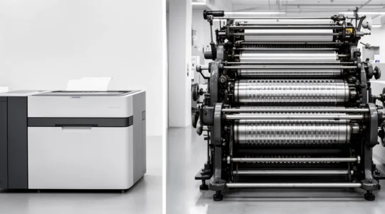 Comparaison visuelle entre impression offset et numérique pour un tirage de 300 brochures dans un atelier d'imprimerie professionnel
