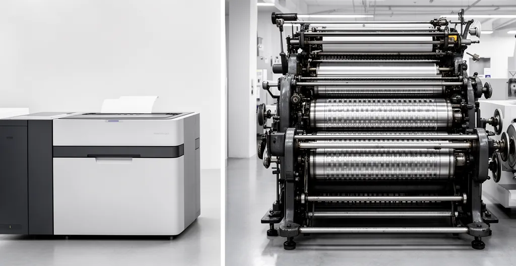 Comparaison visuelle entre impression offset et numérique pour un tirage de 300 brochures dans un atelier d'imprimerie professionnel