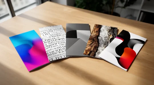 Cinq brochures personnalisées disposées en éventail sur une table en bois clair, chacune avec des éléments visuels distincts suggérant différentes cibles démographiques