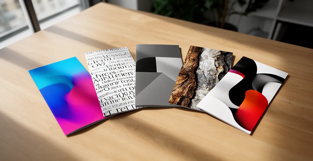 Cinq brochures personnalisées disposées en éventail sur une table en bois clair, chacune avec des éléments visuels distincts suggérant différentes cibles démographiques