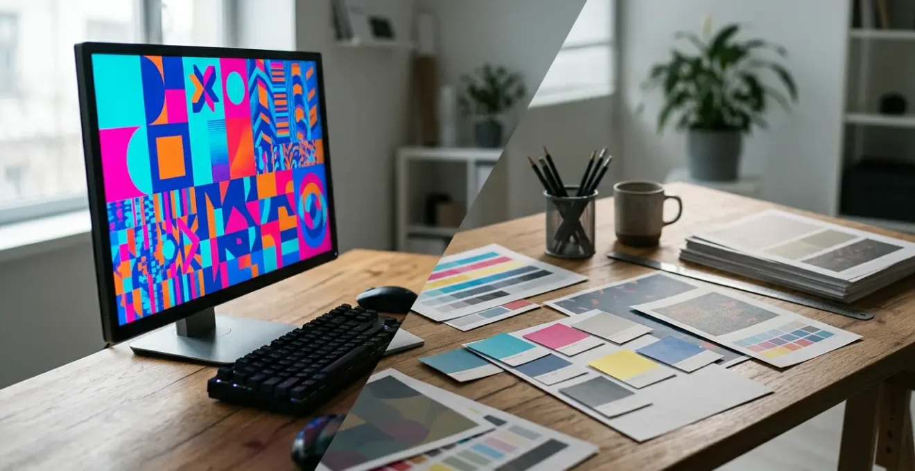 Comparaison visuelle entre un écran lumineux affichant des couleurs vives et une impression aux couleurs ternes