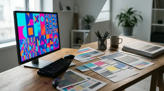 Comparaison visuelle entre un écran lumineux affichant des couleurs vives et une impression aux couleurs ternes