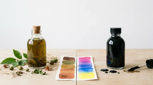 Comparaison visuelle entre encres végétales et minérales avec nuancier de couleurs d'impression