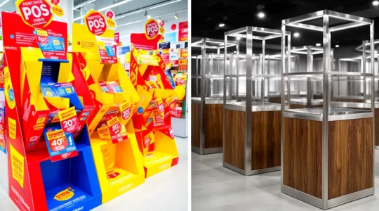 Comparaison visuelle entre PLV carton temporaire et PLV permanente dans un environnement commercial