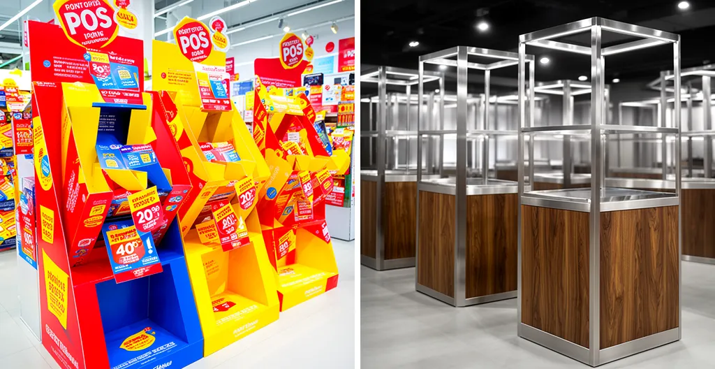 Comparaison visuelle entre PLV carton temporaire et PLV permanente dans un environnement commercial