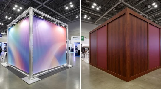 Stand d'exposition portable moderne côte à côte avec construction menuiserie traditionnelle dans hall de salon professionnel