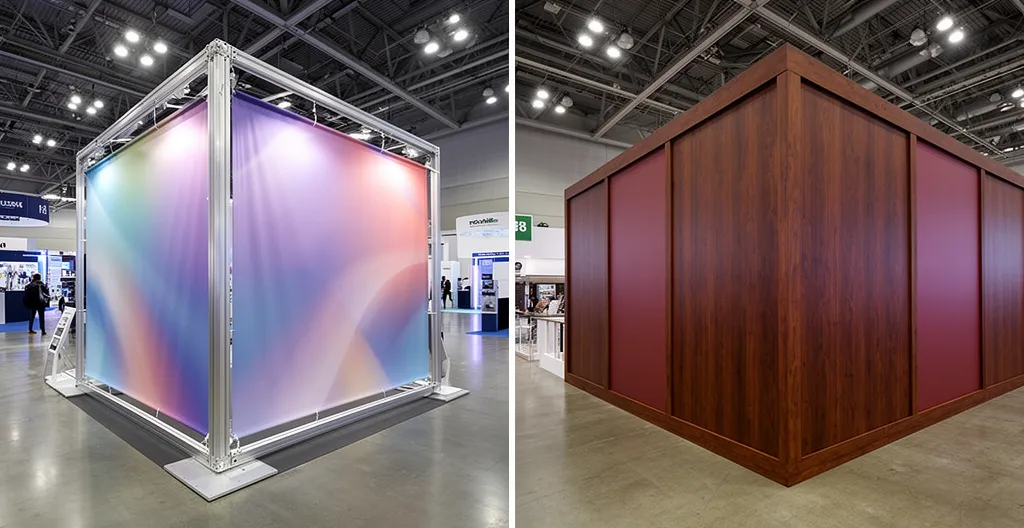 Stand d'exposition portable moderne côte à côte avec construction menuiserie traditionnelle dans hall de salon professionnel