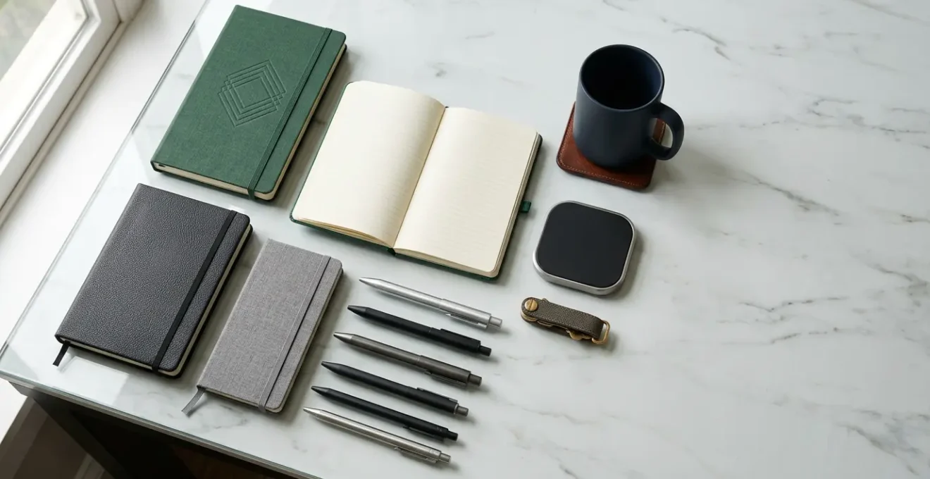 Vue aérienne d'un bureau moderne avec stylos et carnets professionnels soigneusement disposés