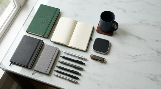 Vue aérienne d'un bureau moderne avec stylos et carnets professionnels soigneusement disposés