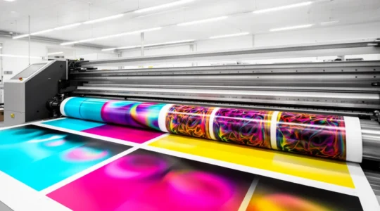 Atelier d'impression professionnelle montrant les processus de gestion des couleurs CMJN