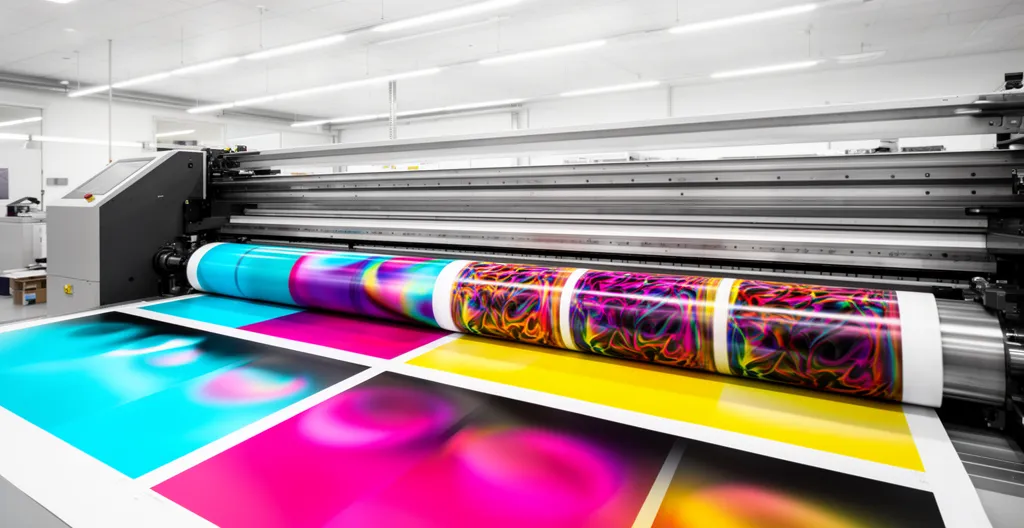 Atelier d'impression professionnelle montrant les processus de gestion des couleurs CMJN