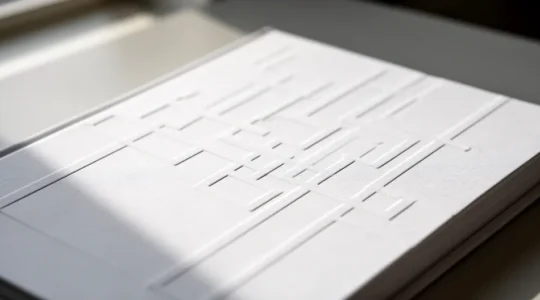 Détail macro d'une couverture de livre d'art avec relief gaufré subtil sur papier coton blanc