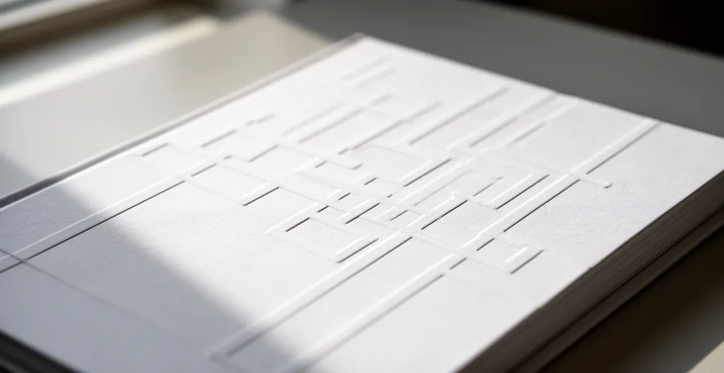 Détail macro d'une couverture de livre d'art avec relief gaufré subtil sur papier coton blanc