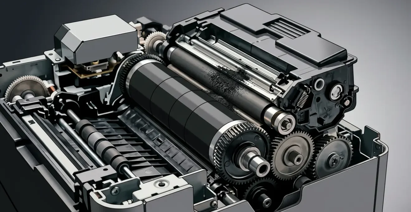 Vue en coupe d'une imprimante laser montrant le tambour et le toner pour diagnostic des pannes