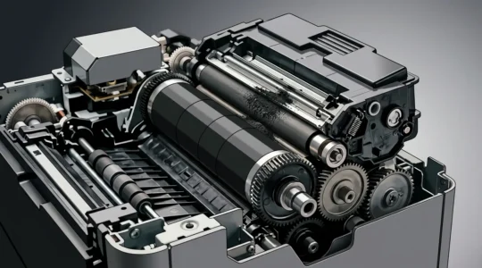 Vue en coupe d'une imprimante laser montrant le tambour et le toner pour diagnostic des pannes