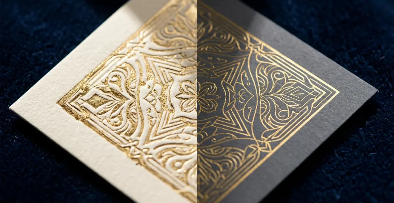 Comparaison visuelle entre dorure à chaud traditionnelle et numérique sur cartons d'invitation haut de gamme