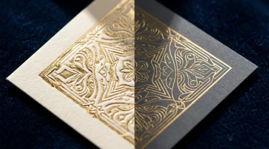 Comparaison visuelle entre dorure à chaud traditionnelle et numérique sur cartons d'invitation haut de gamme