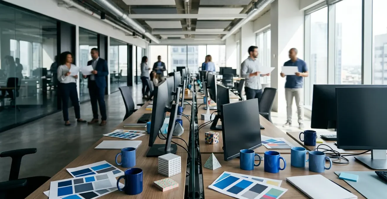 Bureau d'entreprise moderne avec équipes désorganisées devant des écrans montrant des versions différentes du même logo