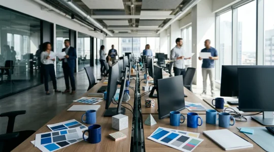 Bureau d'entreprise moderne avec équipes désorganisées devant des écrans montrant des versions différentes du même logo