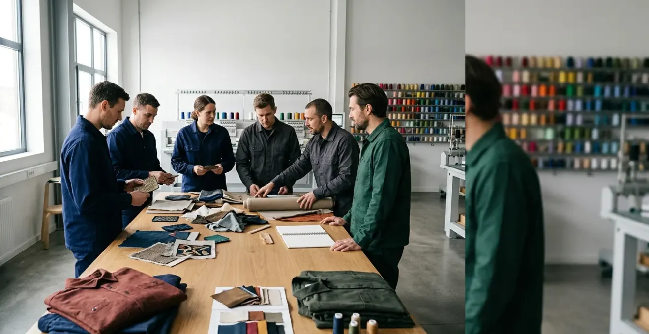 Équipe technique en vêtements de travail personnalisés avec broderie et flocage dans un atelier de marquage textile