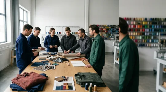 Équipe technique en vêtements de travail personnalisés avec broderie et flocage dans un atelier de marquage textile