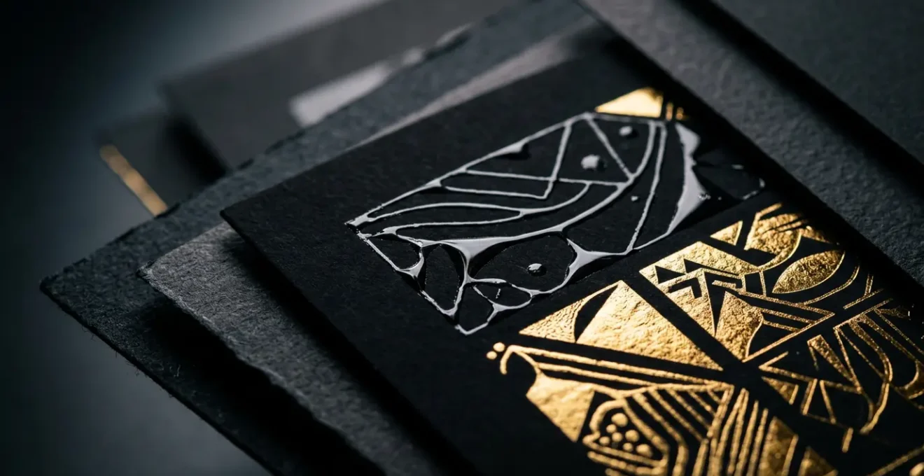 Démonstration de finitions d'impression haut de gamme avec vernis sélectif et dorure à chaud sur papier noir