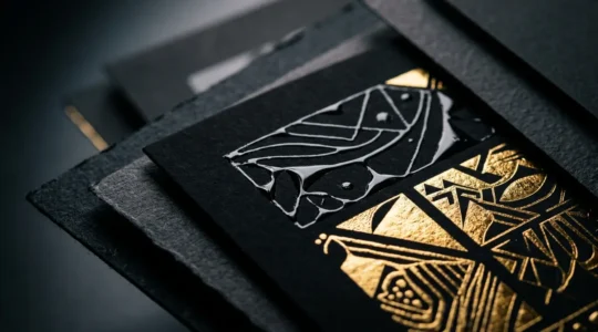 Démonstration de finitions d'impression haut de gamme avec vernis sélectif et dorure à chaud sur papier noir