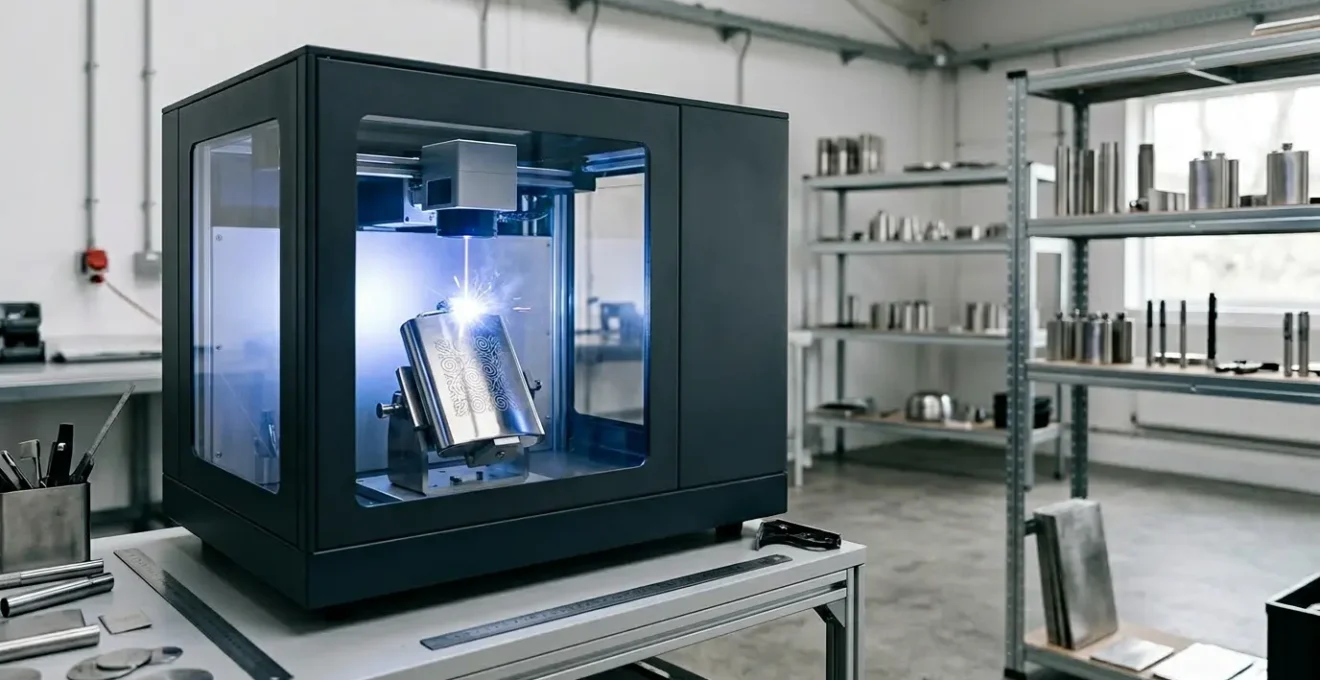 Gravure laser en action sur un objet métallique premium dans un atelier professionnel
