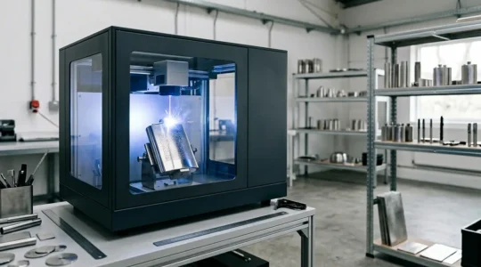 Gravure laser en action sur un objet métallique premium dans un atelier professionnel