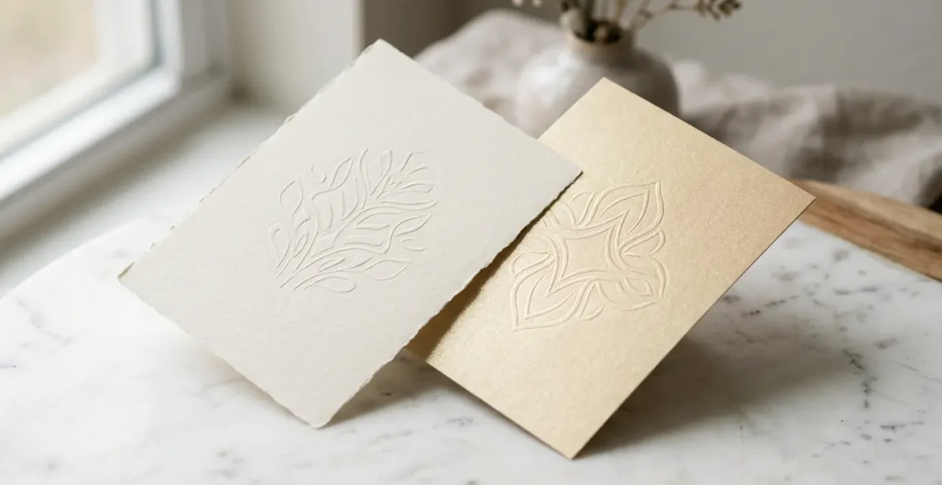 Échantillons de papiers vergé et métallisé pour invitations de mariage disposés élégamment