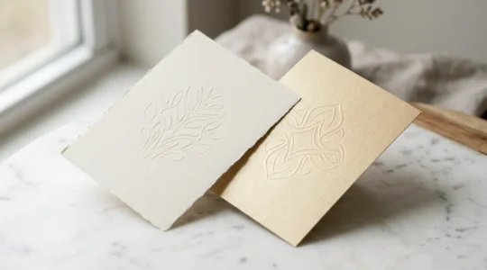 Échantillons de papiers vergé et métallisé pour invitations de mariage disposés élégamment