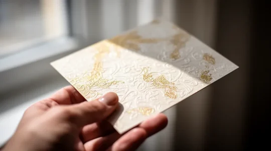 Main tendue offrant une invitation papier dorée avec texture visible dans un environnement de salon professionnel
