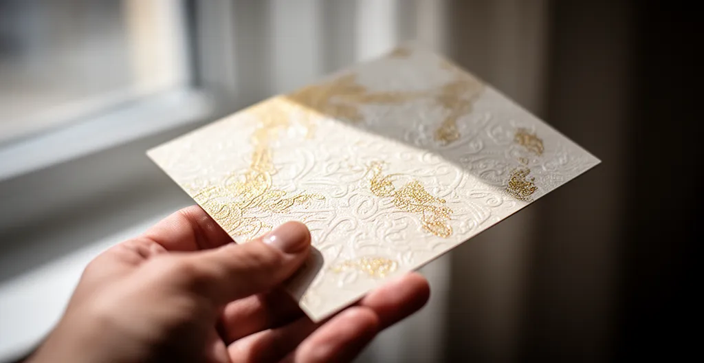 Main tendue offrant une invitation papier dorée avec texture visible dans un environnement de salon professionnel
