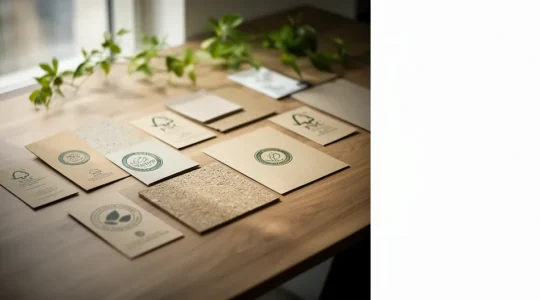 Comparaison visuelle de brochures avec différents labels d'impression écologique dans un environnement de bureau moderne